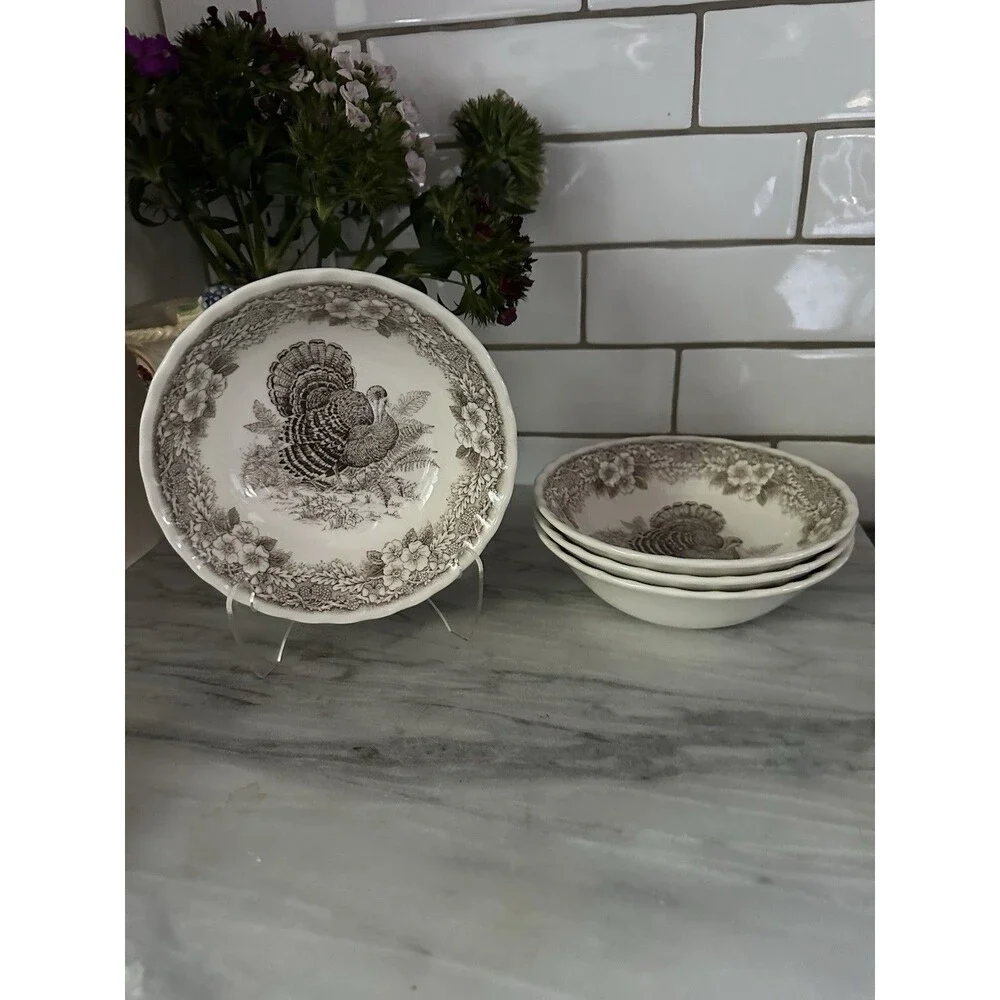 4 Queen’s Myott Thanksgiving Turkey cereal / soup bowls Myott factory Archive